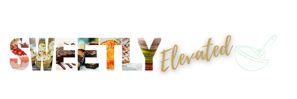 Sweetly Elevated logo with dessert photos inside the letters of 'SWEETLY,' gold script for 'Elevated,' and a mint whisk-and-bowl icon.
